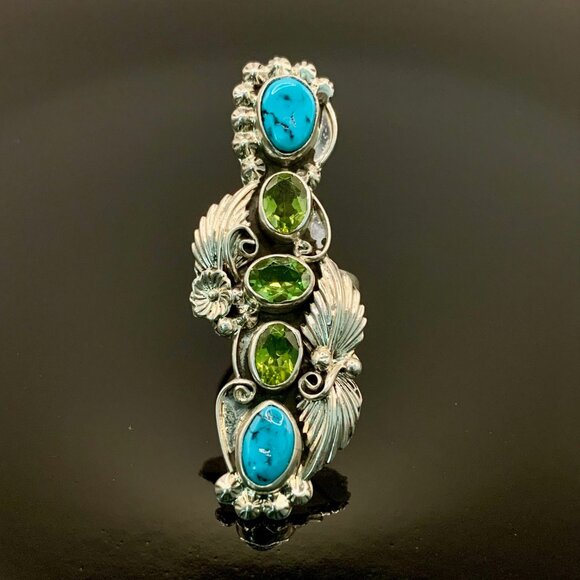 Big Peridot Turquoise Sterling Silver Elongated Handmade Navajo Ring Sz 9 J878 - Picture 2 of 12